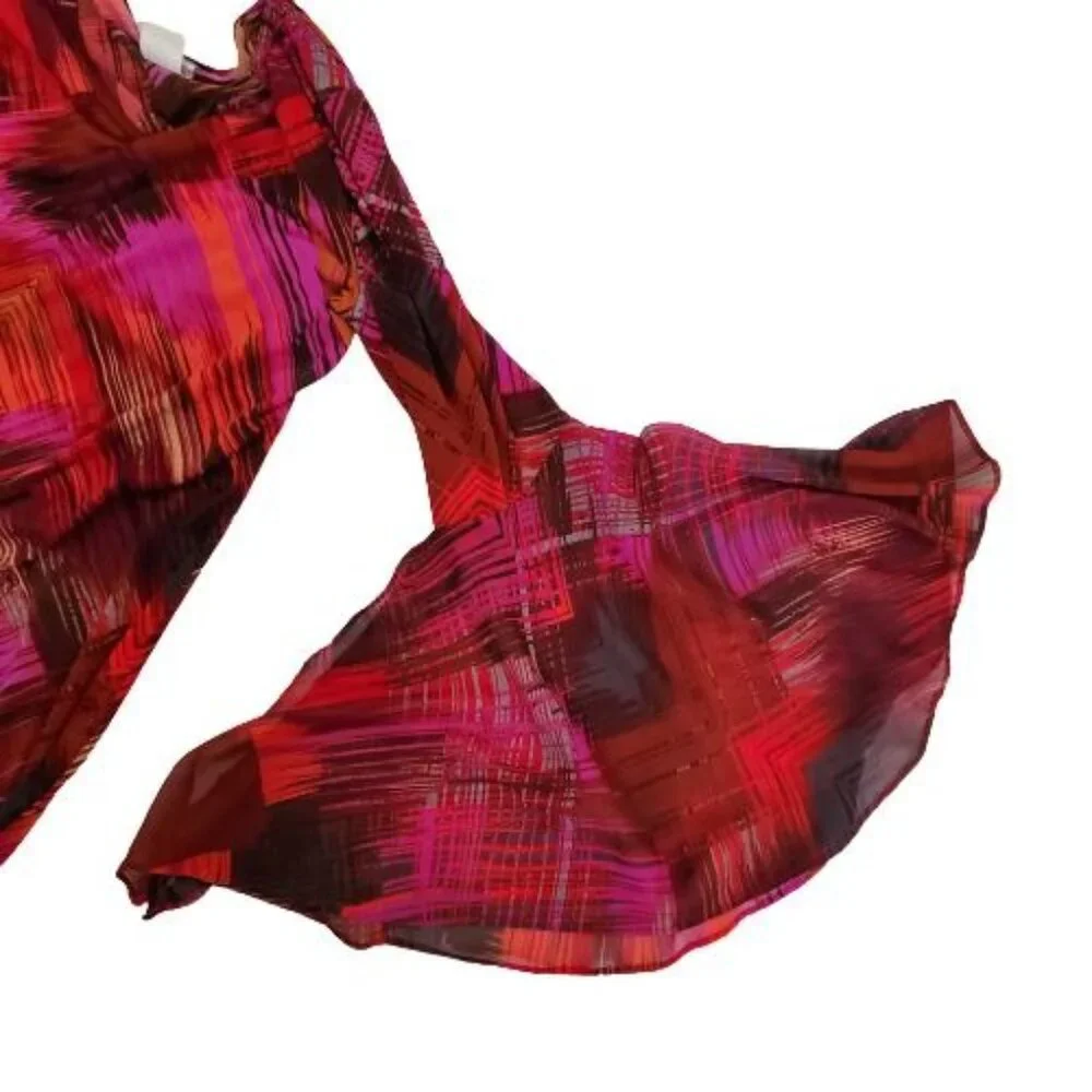 MSK Women's Pink Red Orange Print Sheer Bell Sleeve Cocktail Dress Size Medium - Picture 5 of 11